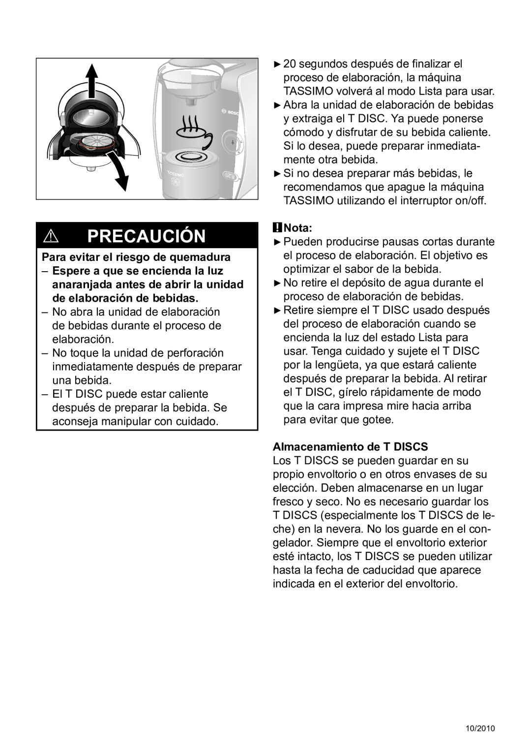 Bosch Appliances T45 instruction manual Nota, Almacenamiento de T DISCS 